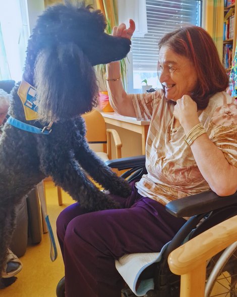 Heimbewohnerin freut sich über Besuch der Therapiehunde