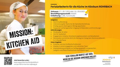 Eine Suchanzeige für einen/eine FerialarbeiterIn, zusätzlicher Titel: Mission Kitchen Aid