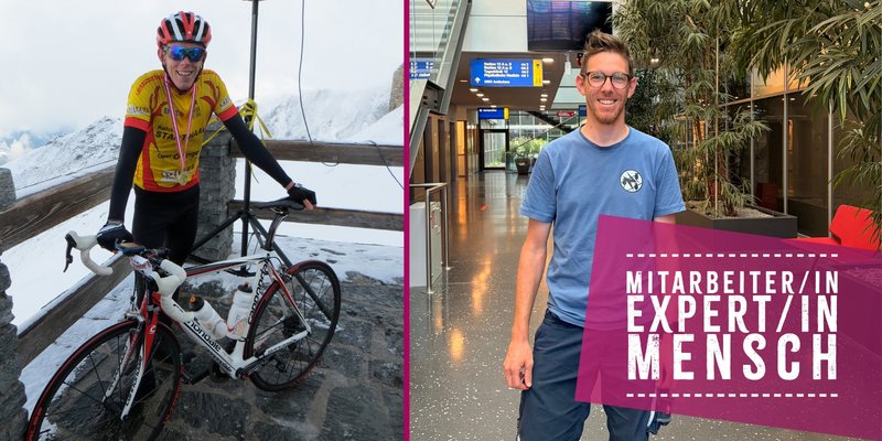 Links steht Dominik Schickmair in Radbekleidung mit Rennrad vor einer verschneiten Bergkulisse. Rechts steht Dominik Schickmair im Foyer des Klinikums.