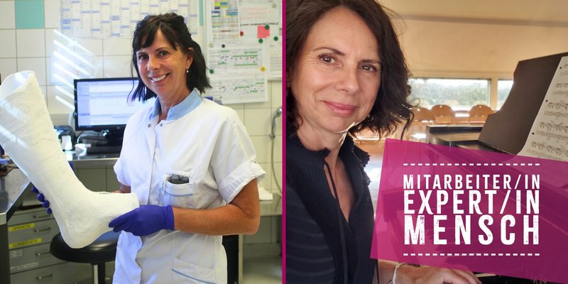 DGKPin Martina Wallner bei ihrer Arbeit in der Unfallambulanz im Klinikum Schärding mit einem eingegipsten Bein. Daneben ist Martina Wallner an einem Klavier mit Notenblättern zu sehen. Im Bild steht: „Mitarbeiter/in. Expert/in. Mensch.“