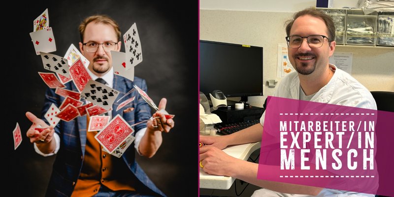 Links ein Portrait von Harald Brunner während er Spielkarten in die Luft wirft, rechts ein Portrait am Arbeitsplatz