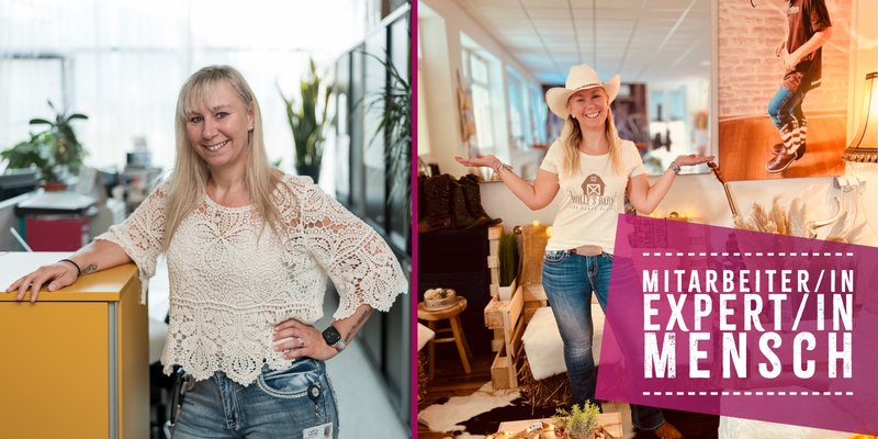 Links ein Portrait von Sylvia Hollnsteiner bei der Arbeit im Büro und rechts ein Bild von ihr in ihrer Tanzschule Holly's Barn
