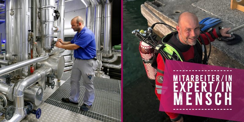 Florian Kirchmayr bei der Arbeit in der Haustechnik und in vollständiger Tauchausrüstung auf einer Treppe im Wasser neben einem Betonsteg.