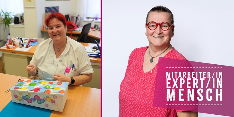 Links ein Portrait von Susanne Massow links ein Bild von Susanne Massow, wo sie einen Sternenkindersarg gestaltet