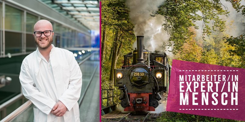 Links ein Portrait von Thomas Pöckl im Klinikum und rechts ein Bild von Thomas Pöckl, der mit der "Schnackerlbahn" als Lokführer durchs Steyrtal fährt