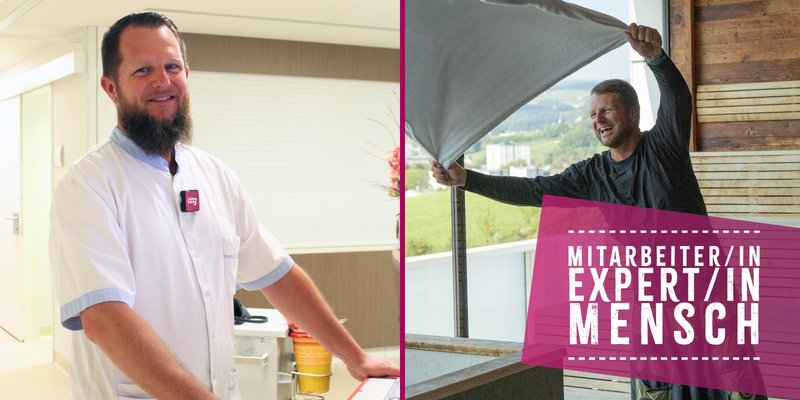 Zweiteiliges Porträt von Michael Kerschhofer: links bei der Arbeit im Krankenhaus, rechts bei seinem Hobby als Saunameister. Im Bild eingeblendet: ‚Mitarbeiter/in, Expert/in, Mensch‘.