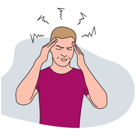 Illustration einer Person, die sich mit beiden Händen an die Schläfen fasst. Symbole über dem Kopf deuten auf Beschwerden hin