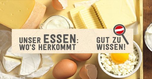 Text "Unser Essen: Wo's herkommt." Im Hintergrund diverse Milchprodukte und Eier