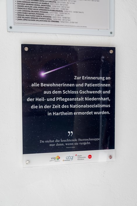 Diese Gedenktafel im Arkadengang des Lern- und Gedenkortes Schloss Hartheim wurde von BewohnerInnen und VertreterInnen der Landespflege- und Betreuungszentren enthüllt.