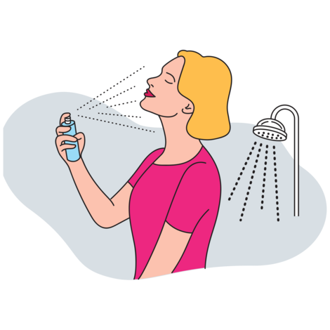 Illustration einer Person, die sich mit einer Sprühflasche Wasser ins Gesicht sprüht, im Hintergrund ist eine Dusche dargestellt