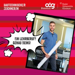 Lehrling mit Plan zu einer Rolle zusammengerollt;  In Sprechblase: Ein Lehrberuf? Genau Deins!