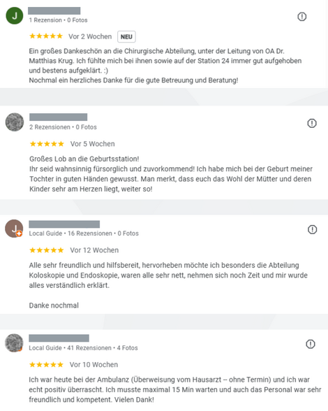 Screenshots von mehreren positiven Google Rezensionen von unseren PatientInnen aus unseren Regionalkliniken