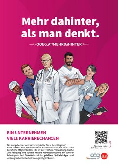 Inserat der Kampagne "Mehr dahinter, als man denkt." Fuxia Hintergrund mit verschiedenen Berufsgruppen und QR-Code für mehr Informationen.