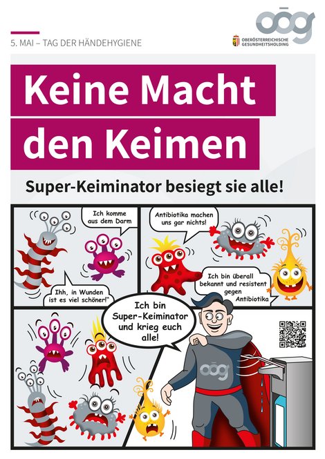 Comic für Kinder. Keine Macht den Keimen. Super-Keiminator besiegt Keime.