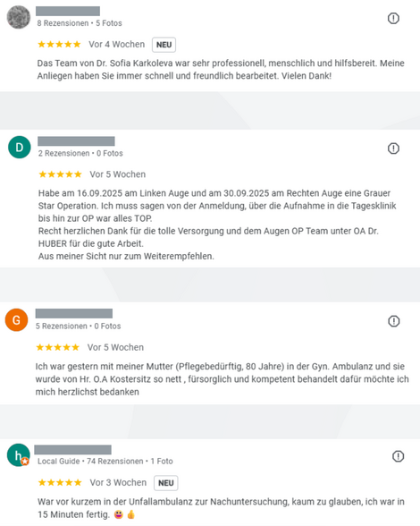 Screenshots von mehreren positiven Google Rezensionen von unseren PatientInnen aus unseren Regionalkliniken