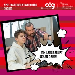 Lehrling für Applikationsentwicklung mit seinem Ausbildner;  In Sprechblase: Ein Lehrberuf? Genau Deins!