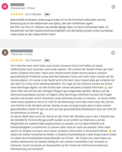 Screenshots von mehreren positiven Google Rezensionen von unseren PatientInnen aus unseren Regionalkliniken