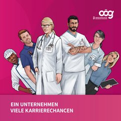 Verschiedene Berufsgruppen auf Fuxia Hintergrund mit dem Text "Ein Unternehmen. Viele Karrierechancen"