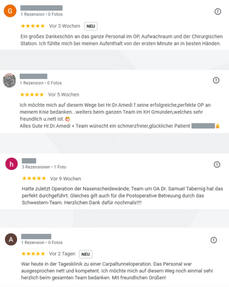 Screenshots von mehreren positiven Google Rezensionen von unseren PatientInnen aus unseren Regionalkliniken