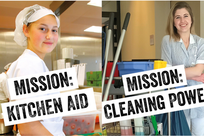 Das Facebook-Posting bildet zwei Frauen in einer Küche und im Flur ab, zusätzlich steht Mission Kitchen Aid und Mission Cleaning Power dabei. 