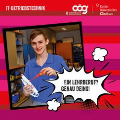 IT-Lehrling bei der Arbeit.  In Sprechblase: Ein Lehrberuf? Genau Deins!