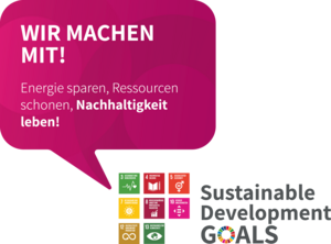 Sprechblase mit Text "Wir machen mit" und daneben Text "Sustainable Development Goals"