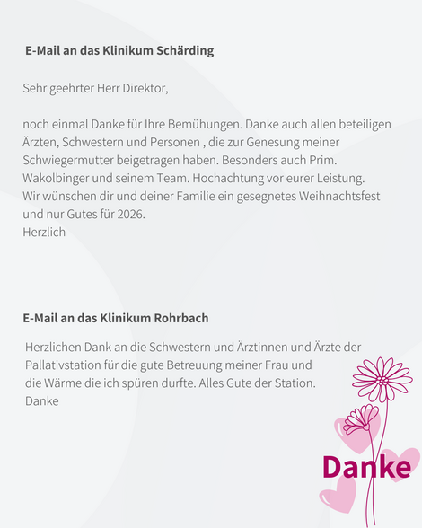 E-Mails an das Klinikum Schärding und an das Klinikum Rohrbach