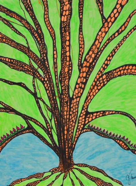 Ein Bild, das einen Baum mit grüner Blattkrone vor blauem Hintergurnd darstellt.
