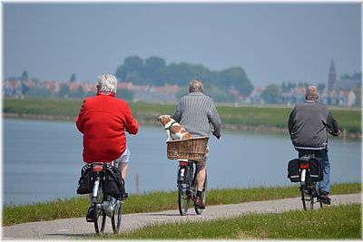 Drei Radfahrer entlang eines See