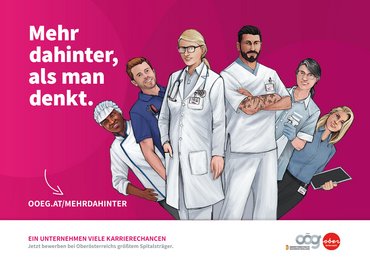 Plakat der Kampagne Mehr dahinter mit dem Text "Mehr dahinter, als man denkt." und verschiedenen Berufsgruppen