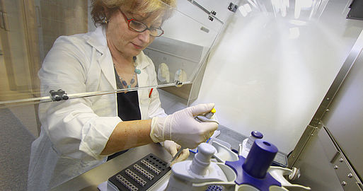 Mitarbeiterin untersucht im Labor