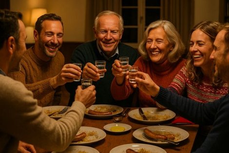 Gesellige Runde stößt mit Schnaps an