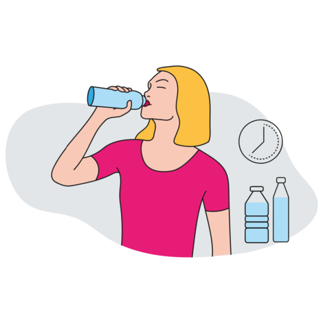 Illustration einer Person, die Wasser aus einer Flasche trinkt, daneben sind weitere Wasserflaschen und eine Uhr dargestellt.