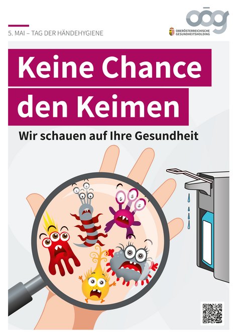 Keine Chance den Keimen, wir schauen auf Ihre Gesundheit. Hand mit Keimen vor Händedesinfektionsspender.