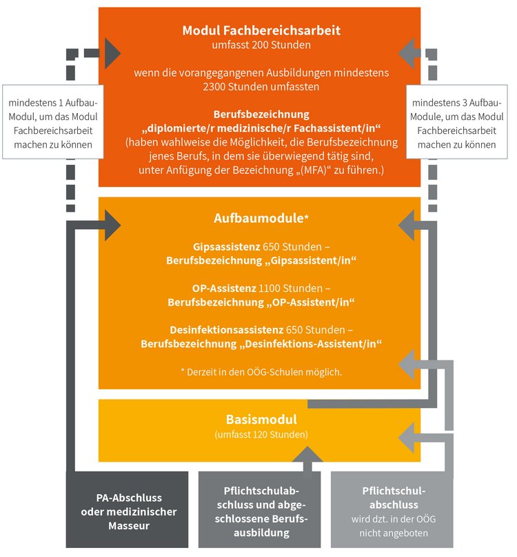 grafische Übersicht Ausbildungswege in medizinischen Assistenzberufen wie oben in den Varianten beschrieben.