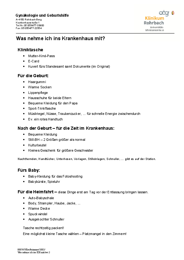 Was nehme ich mit ins Krankenhaus?