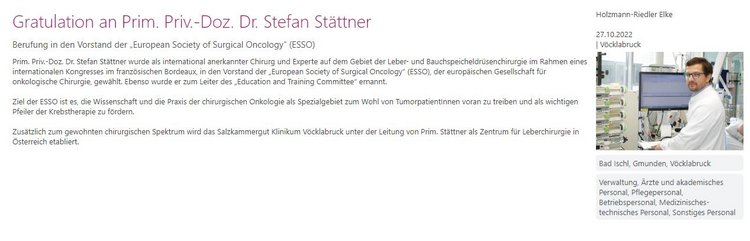 Ein kurzer Artikel mit dem Titel "Gratulation an Prim. Priv.-Doz. Dr. Stefan Stättner"