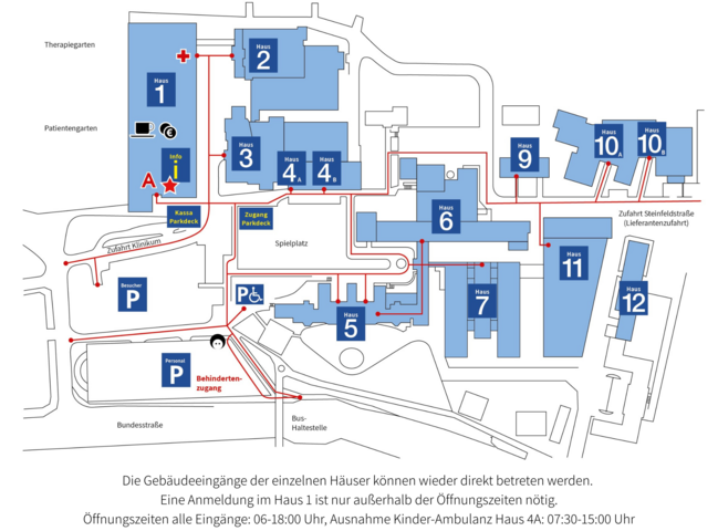 Gebäudeplan Steyr mit Information Die Gebäudeeingänge der einzelnen Häuser können wieder direkt betreten werden. Eine anmeldung im Haus 1 ist nur außerhalb der Öffnungszeiten nötig.