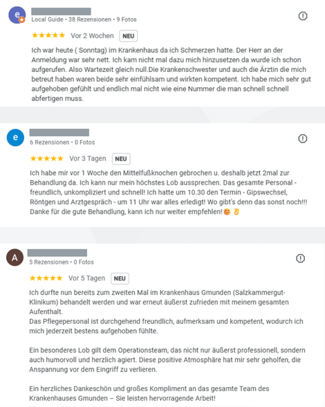 Screenshots von mehreren positiven Google Rezensionen von unseren PatientInnen aus unseren Regionalkliniken