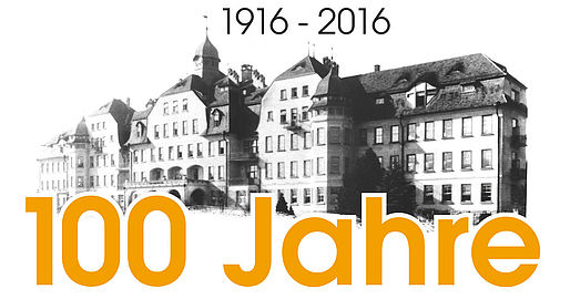 Historische Ansicht des Klinikum mit Text: 1916-2016 - 100 Jahre LKH Steyr