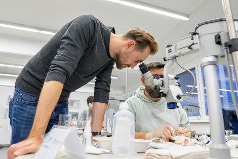 2 Mitarbeiter an einem Mikroskop