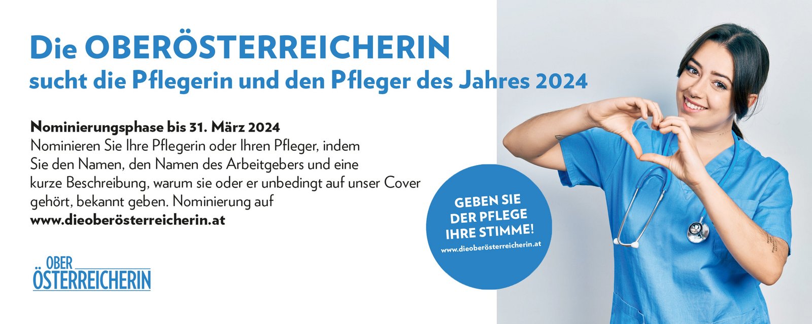 Pflegerin formt mit den Händen ein Herz. Die Oberösterreicherin sucht die Pflegerin und den Pfleger des Jahres 2024. Geben Sie der Pflege Ihre Stimme!