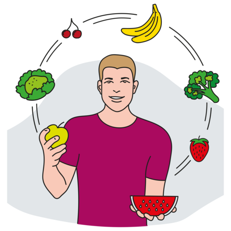 Illustration einer Person, die mit Obst und Gemüse wie Banane, Erdbeere, Kirschen, Brokkoli, Apfel, Wassermelone und Salat jongliert
