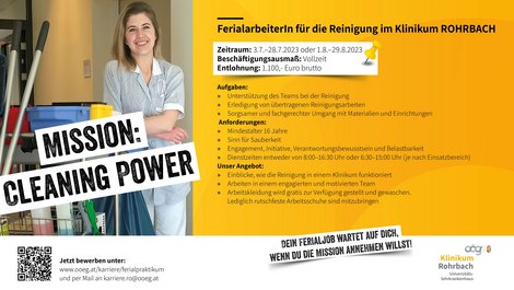 Anzeige für den Ferialjob Reinigung im Klinikum Rohrbach.