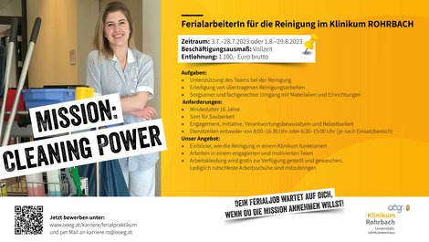 Anzeige für den Ferialjob Reinigung im Klinikum Rohrbach.