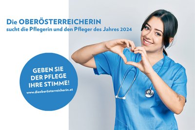 Pflegerin formt mit den Händen ein Herz. Die Oberösterreicherin sucht die Pflegerin und den Pfleger des Jahres 2024. Geben Sie der Pflege Ihre Stimme!