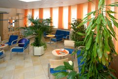 Wintergarten mit blauen Stühlen, großen grünen Zimmerpflanzen, kleinen Tischen und einem Bett. Auf den Tischen sind Zeitschriften. Vorhänge sind orange.