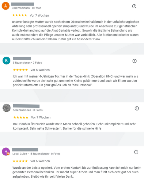 Screenshots von mehreren positiven Google Rezensionen von unseren PatientInnen aus unseren Regionalkliniken