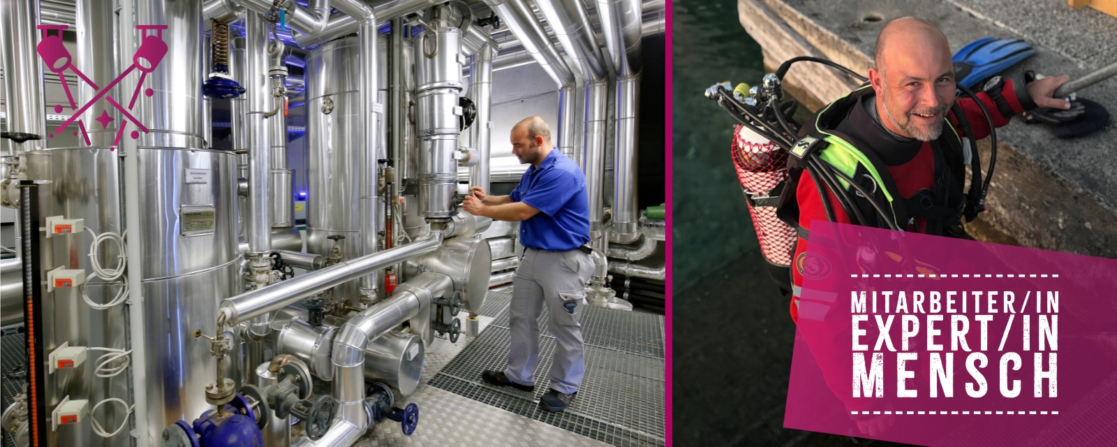 Mitarbeiter/in, Expert/in, Mensch Florian Kirchmayr bei der Arbeit in der Haustechnik und in vollständiger Tauchausrüstung auf einer Treppe im Wasser neben einem Betonsteg.