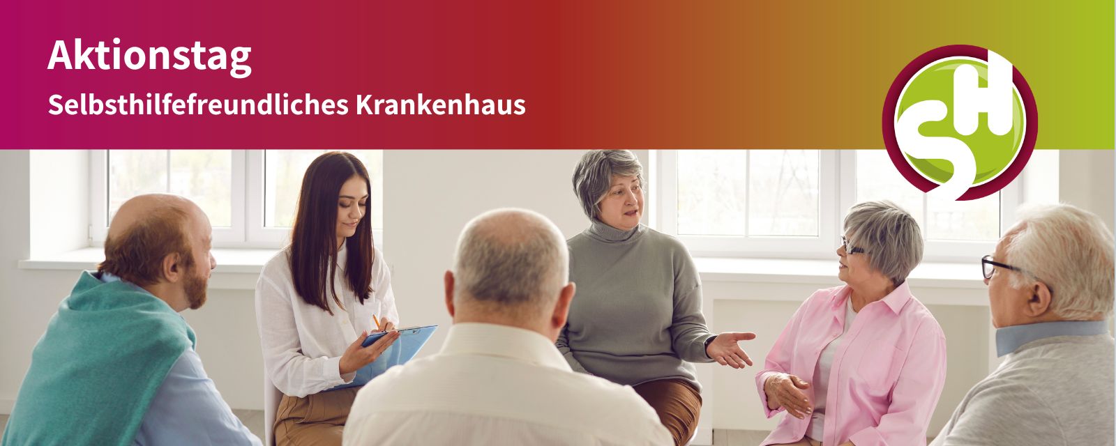 Bild einer Selbsthilfegruppe. Aufschrift: Aktionstag - Selbsthilfefreundliches Krankenhaus